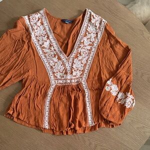 American Eagle Outfitters Terracotta Blouse with White Embroidery